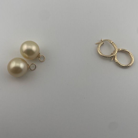 18K Gold Huggies w/ Champagne South Sea Pearl Drops | 12mm - Picture 5 of 16